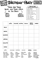 Vista previa - Hojas de trabajo - «BirthdayParty» Reto de lógica en inglés | 3.º Primaria - página 1