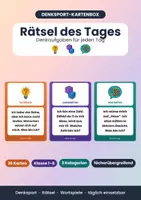 Vorschau - Spiele - Rätsel des Tages – Denksport-Kartenbox mit 36 Rätseln (Ratefragen, Zahlenrätsel, Worträtsel) für Klasse 1–6 - Deckblatt