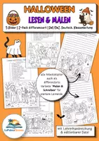 Vorschau - Arbeitsblätter - Halloween Lesen & Malen | Leseverstehen | Wortschatz Farben & Halloween | 5 Ausmalbilder als 2-fach differenzierte Arbeitsblätter, inkl. Malen & Schreiben | Deutsch, DaZ/DaF, Klassenleitung | Klasse 2/3/4/5/6 I Deutschunterricht Material für den Herbst - Deckblatt