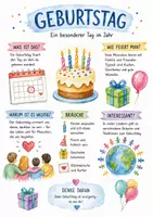 Vorschau - Arbeitsblätter - Lernplakat + AB mit Fragen zum Thema "Geburtstag" + Lösungsblatt + Infografik - Deckblatt