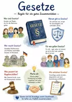 Vorschau - Arbeitsblätter - Lernplakat + AB mit Fragen zum Thema "Gesetze" + Lösungsblatt + Infografik - Deckblatt