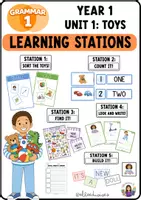 Vista previa - Unidades / Secuencias / Situaciones de Aprendizaje - Grammar 1 – Unit 1: TOYS | Worksheets + Learning Stations (Letra ligada ) - página 1