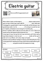 Vorschau - Arbeitsblätter - Electric guitar Music worksheet: cloze text, listening comprehension and word search - English - Seite 1