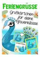 Vorschau - Mal- und Bastelvorlagen - Pfauenklasse Klassentier Pfau Kostenlos Feriengrüße kostenlos - Deckblatt