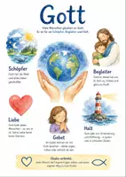 Vorschau - Arbeitsblätter - Lernplakat + AB mit Fragen zum Thema "Gott" + Lösungsblatt + Infografik - Deckblatt