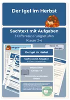 Vorschau - Arbeitsblätter - Sachtext Igel im Herbst 3fach differenziert Deutsch HSU Klasse 3-5 - Deckblatt