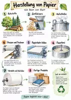 Vorschau - Arbeitsblätter - Lernplakat + AB mit Fragen zum Thema "Herstellung von Papier" + Lösungsblatt + Infografik - Deckblatt