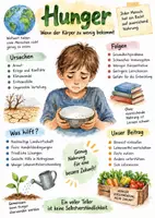 Vorschau - Arbeitsblätter - Lernplakat + AB mit Fragen zum Thema "Hunger" + Lösungsblatt + Mindmap + Infografik - Deckblatt