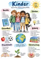 Vorschau - Arbeitsblätter - Lernplakat + AB mit Fragen zum Thema "Kinder" + Lösungsblatt + Infografik - Deckblatt