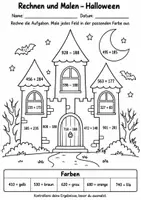 Vorschau - Arbeitsblätter - Gruselrechnen zum Ausmalen – Halloween Zahlenraum 100 - Seite 1