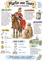 Vorschau - Arbeitsblätter - Lernplakat + AB mit Fragen zum Thema "Martin von Tours" + Lösungsblatt + Infografik - Deckblatt