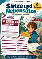 Vorschau - Arbeitsblätter - Stationenlernen Sätze und Nebensätze | 9 Stationen mit Laufzettel und Selbstkontrolle | Klasse 7 und 8 - Deckblatt