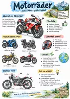 Vorschau - Arbeitsblätter - Lernplakat + AB mit Fragen zum Thema "Motorrad" + Lösungsblatt + Infografik - Deckblatt