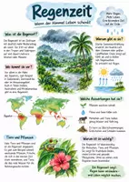 Vorschau - Arbeitsblätter - Lernposter + AB mit Fragen zum Thema "Regenzeit" + Lösungsblatt + Infografik - Deckblatt