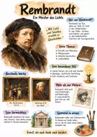 Vorschau - Arbeitsblätter - Lernplakat + AB mit Fragen zum Thema "Rembrandt" + Lösungsblatt + Infografik - Deckblatt