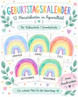 Vorschau - Poster - Geburtstagskalender Regenbogen | 12 Monatskarten im Aquarellstil | Volksschule - Deckblatt