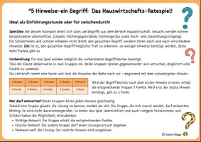 Vorschau - Spiele - HAUSWIRTSCHAFT Ratespiel (5 Hinweise - 1 Begriff) : Errätst du die Lebensmittel und Küchenbegriffe? Schulanfang/Backtoschool Aktivität - Seite 1