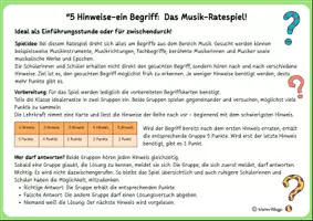 Vorschau - Spiele - Schulanfang: Musik Aktivität zum Schulbeginn: 5 Hinweise-1 Begriff/Ratespiel zu Musik, Klasse 5,6,7,8,9,10 - Seite 1