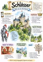Vorschau - Arbeitsblätter - Lernplakat + AB mit Fragen zum Thema "Schlösser" + Lösungsblatt + Infografik - Deckblatt