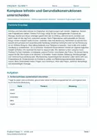 Vorschau - Arbeitsblätter - Arbeitsblatt Englisch Klasse 11 – Komplexe Infinitiv- und Gerundialkonstruktionen unterscheiden - Deckblatt
