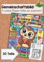 Vorschau - Arbeitsblätter - Gemeinschaftsbild „In unserer Klasse halten wir zusammen!“ | 30-teiliges Ausmalbild zur Klassengemeinschaft / Kooperation / Eule - Deckblatt
