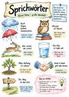 Vorschau - Arbeitsblätter - Lernplakat + AB mit Fragen zum Thema "Sprichwörter" + Lösungsblatt + Infografik - Deckblatt