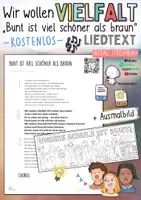 Vorschau - Mal- und Bastelvorlagen - Vielfaltslied "Bunt ist viel schöner ... Wir wollen Vielfalt" Liedtext Minmusiker und Ausmalbild - Deckblatt