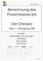 Vorschau - Arbeitsblätter - Prozentsatz mit dem Dreisatz berechnen - Arbeitsblatt mit Lösungen, Merkblatt und Tipp-Karten (Klasse 7/8) - Deckblatt