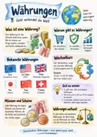 Vorschau - Arbeitsblätter - Lernplakat + AB mit Fragen zum Thema "Währungen" + Lösungsblatt + Infografik - Deckblatt