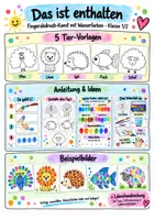 Vorschau - Stundenentwürfe - Freebie Kunst Grundschule | Fingerabdruck-Tiere mit Wasserfarben – Klasse 1/2 | 5 Tiermotive - Seite 1