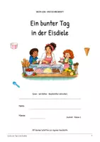 Vorschau - Arbeitsblätter - Ein bunter Tag in der Eisdiele – Deutsch Klasse 2: Leseheft, Lesen & Schreiben, Leseverständnis, Bildlesen, Wortschatz, Silben, Nomen, Sätze, Geschichten schreiben, Arbeitsblätter mit Lösungen als PDF - Seite 1