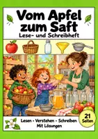 Vorschau - Arbeitsblätter - Vom Apfel zum Saft – Deutsch Klasse 2: Leseheft, Lesen & Schreiben, Leseverständnis, Bildlesen, Wortschatz, Silben, Nomen, Sachtext, Arbeitsblätter mit Lösungen als PDF - Deckblatt