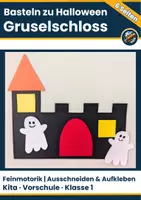 Vorschau - Mal- und Bastelvorlagen - Halloween Bastelvorlage Gruselschloss mit Gespenstern – einfach (Kindergarten / Klasse 1) - Deckblatt
