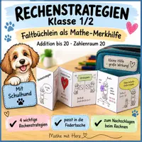 Vorschau - Mal- und Bastelvorlagen - Rechenstrategien Klasse 1/2 – Faltbüchlein Addition bis 20 | Merkhilfe mit Schulhund - Deckblatt