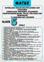 Vorschau - Arbeitsblätter - Natürliche Zahlen multiplizieren und dividieren schriftliche Verfahren, Teilbarkeit, Primfaktorzerlegung. Teiler, Vielfache und Primzahlen 74 Aufgaben mit Lösungen Klasse 5 - Deckblatt