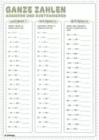 Vorschau - Arbeitsblätter - Ganze Zahlen (addieren und subtrahieren) - Deckblatt
