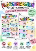 Vorschau - Arbeitsblätter - Klassenregeln Poster – 2er Set | Klassenposter für Klasse 4–6 | Blanko + Vorlage - Deckblatt