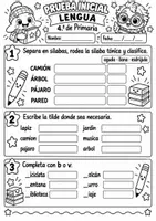 Vista previa - Hojas de trabajo - Prueba inicial de Lengua – 4.º de Primaria Evaluación diagnóstica + soluciones + registro - página 1