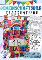 Vorschau - Mal- und Bastelvorlagen - Gemeinschaftsbild Kooperatives Poster "Willkommen in der _ Klasse" inkl. 40 Klassentieren Schulstart - Deckblatt