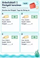 Vorschau - Arbeitsblätter - Rückgeld berechnen Klasse 4 | Mathematik Klasse 4 | 10 Arbeitsblätter als PDF - Seite 1