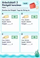 Vorschau - Arbeitsblätter - Rückgeld berechnen Klasse 4 | Mathematik Klasse 4 | 10 Arbeitsblätter als PDF - Seite 3