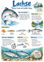 Vorschau - Arbeitsblätter - Lernplakat + Arbeitsblätter zum Thema "Die Fischart der Lachse" (Lückentext, Hörverstehen) + Lösung & MP3 + Infografik - Deckblatt