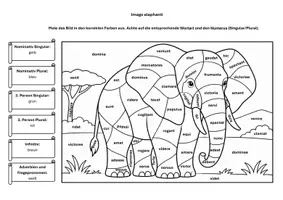 Vorschau - Arbeitsblätter - Ausmalbild Latein - Elefant Numerus Nominativ/3. Pers. - Seite 2