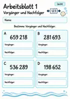 Vorschau - Arbeitsblätter - Vorgänger und Nachfolger Klasse 4 | Mathematik Klasse 4 | 10 Arbeitsblätter als PDF - Seite 1