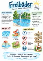 Vorschau - Arbeitsblätter - Lernplakat + Arbeitsblätter zum Thema "Freibad" + Lösung & MP3 + Infografik - Deckblatt