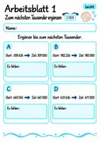 Vorschau - Arbeitsblätter - Zum nächsten Tausender ergänzen Klasse 4 | Mathematik Klasse 4 | 10 Arbeitsblätter als PDF - Seite 1