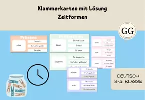 Vorschau - Aufgabenkarten - Klammerkarten mit Lösung zu den Zeitformen - Deutsch - Deckblatt