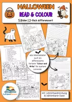 Vorschau - Arbeitsblätter - Halloween Read and Colour | Lesen und Malen | Englisch Arbeitsblätter | inkl. Variante Colour and Write | Klasse 3/4/5/6 | 5 Bilder, 2-fach differenziert I Lesen, Malen und Schreiben für den Englischunterricht im Herbst - Deckblatt