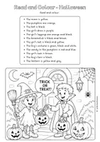 Vorschau - Arbeitsblätter - Halloween Read and Colour | Lesen und Malen | Englisch Arbeitsblätter | inkl. Variante Colour and Write | Klasse 3/4/5/6 | 5 Bilder, 2-fach differenziert I Lesen, Malen und Schreiben für den Englischunterricht im Herbst - Seite 1