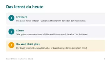 Vorschau - Arbeitsblätter - Brüche kürzen & erweitern, Klasse 6 – AB + editierbare Präsentation mit Lösungen | gleichnamig machen, gemeinsamer Nenner - Seite 2